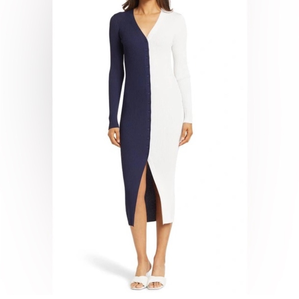 STAUD Shoko Sweater Dress - Navy and White XS